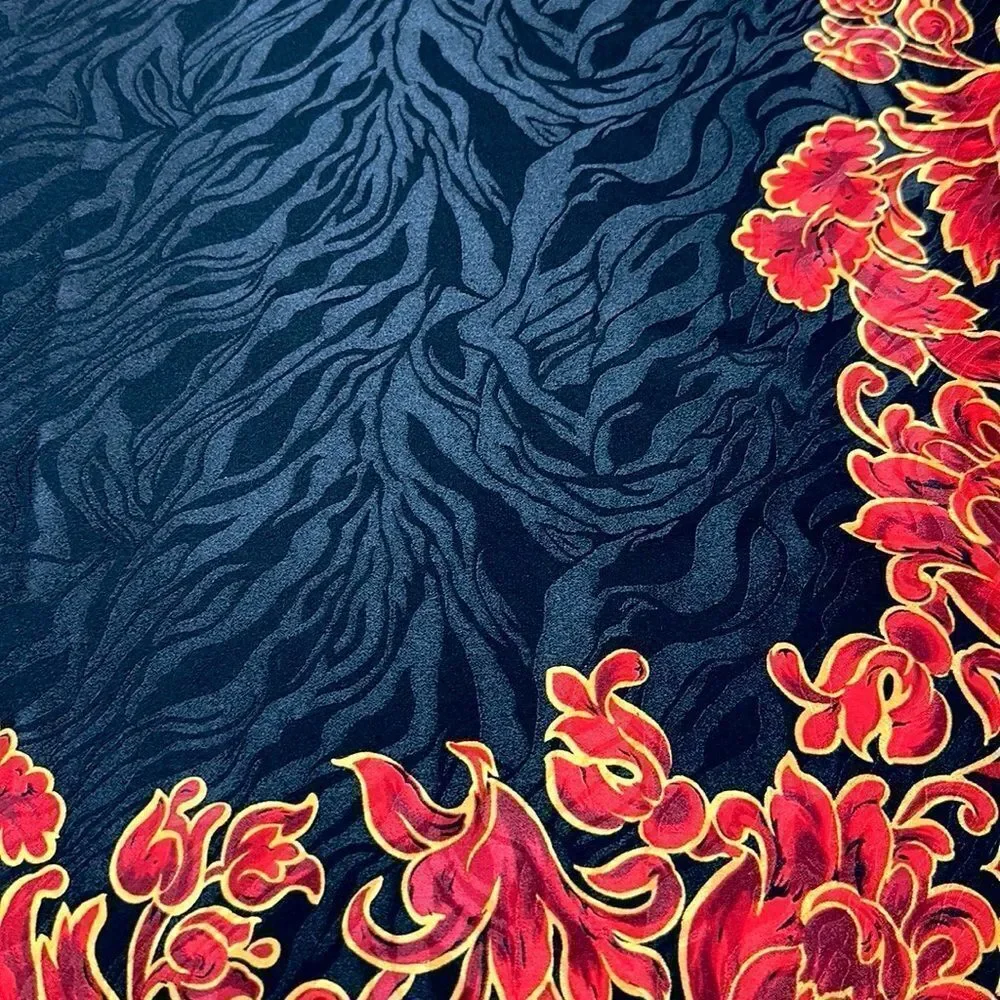 Jeannene Booher Silk Jacquard Scarf Black Red Gold Paisley Floral Hand Rolled
